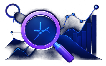 Magnifying glass over a rising trend chart
