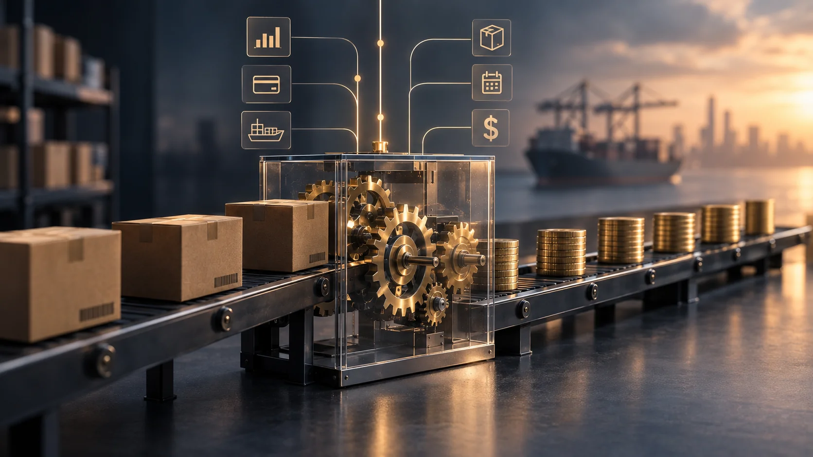 Six inputs feeding one engine that turns inventory into a dated cash forecast