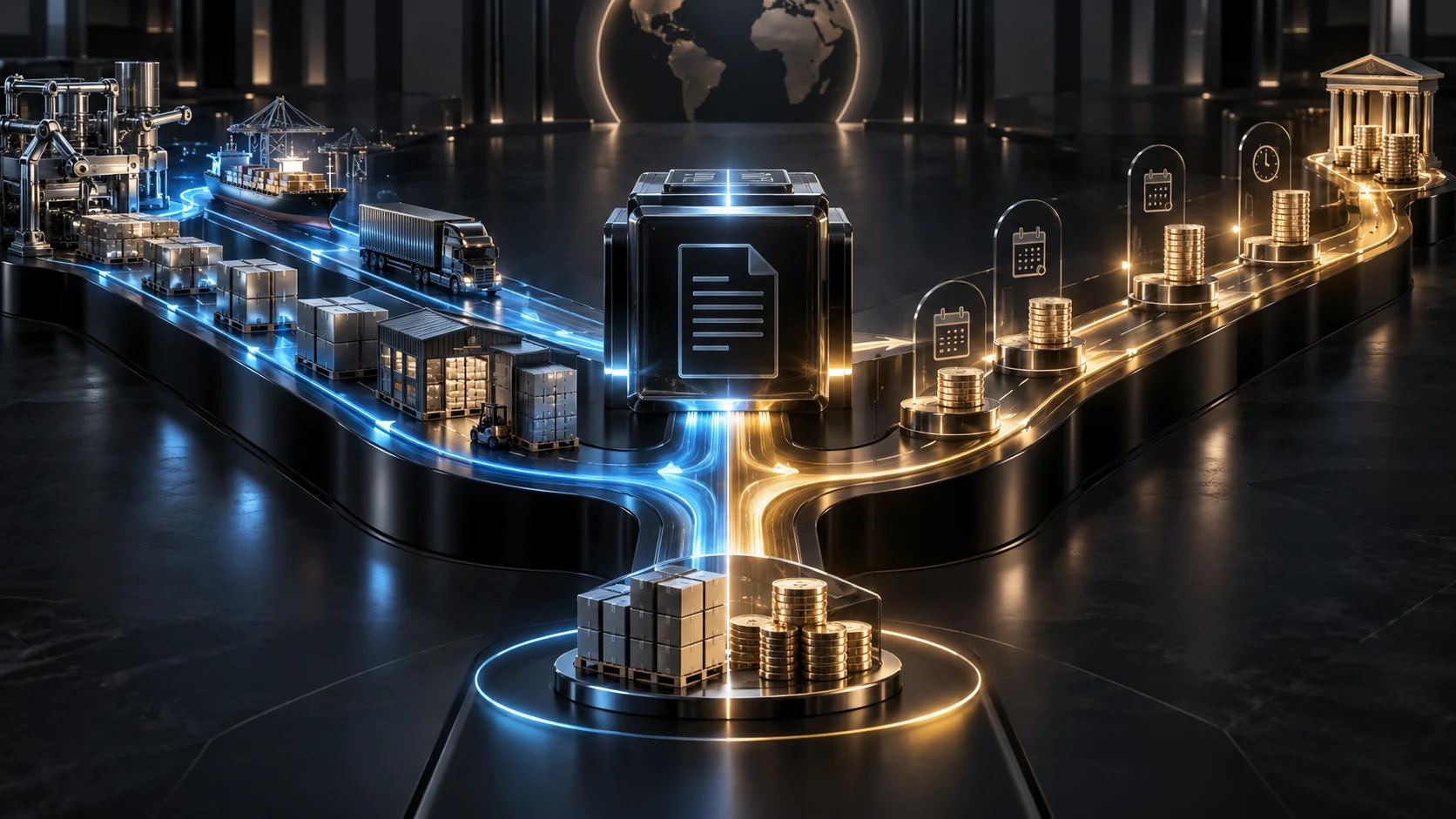 One purchase order splitting into two paths: the goods, and the dated payments