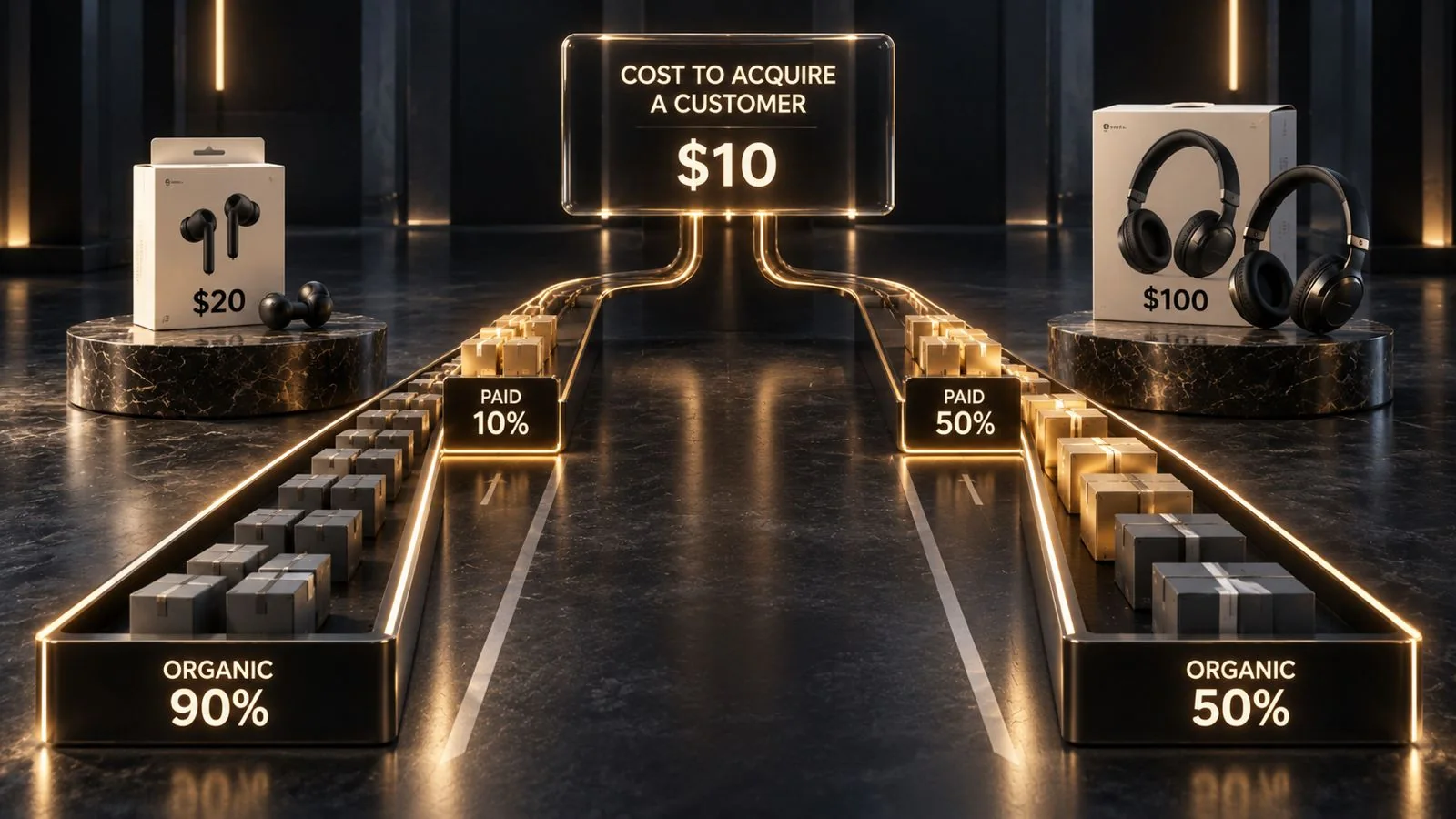A $20 product and a $100 product sharing the same $10 cost per advertising sale, and the very different paid-to-organic split each one needs