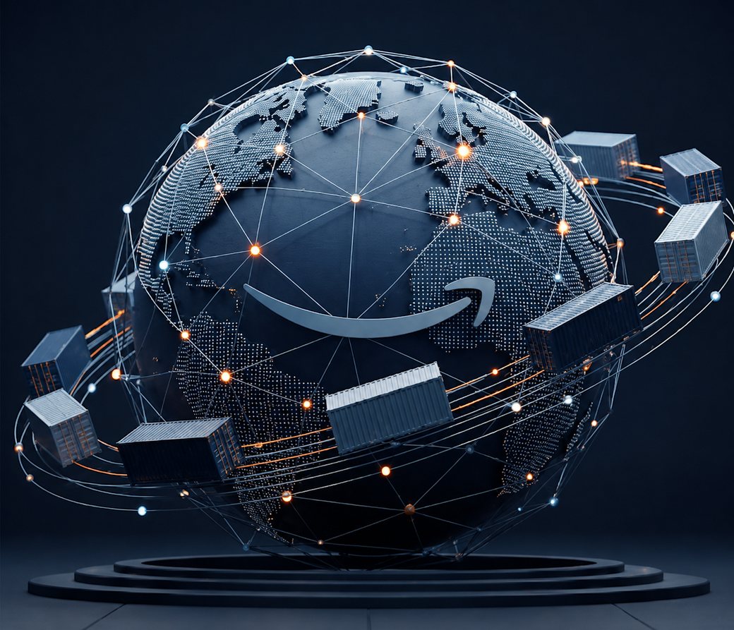 A dark globe wrapped in a glowing network of connected points, with shipping containers orbiting it along illuminated trade routes.